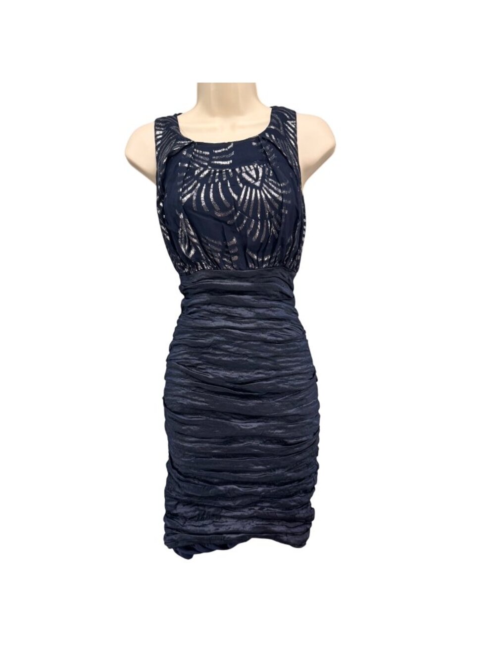 Nicole Miller Ruched Cocktail Dress Navy Silver Silk Lurex Mini Bodycon Size 4